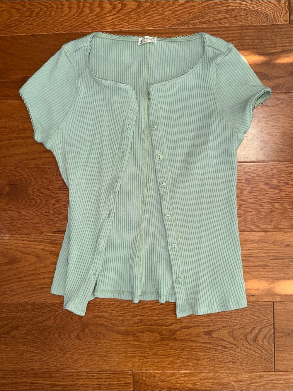 Free People Mint Green Ribbed Button-Front Short Sleeve Top